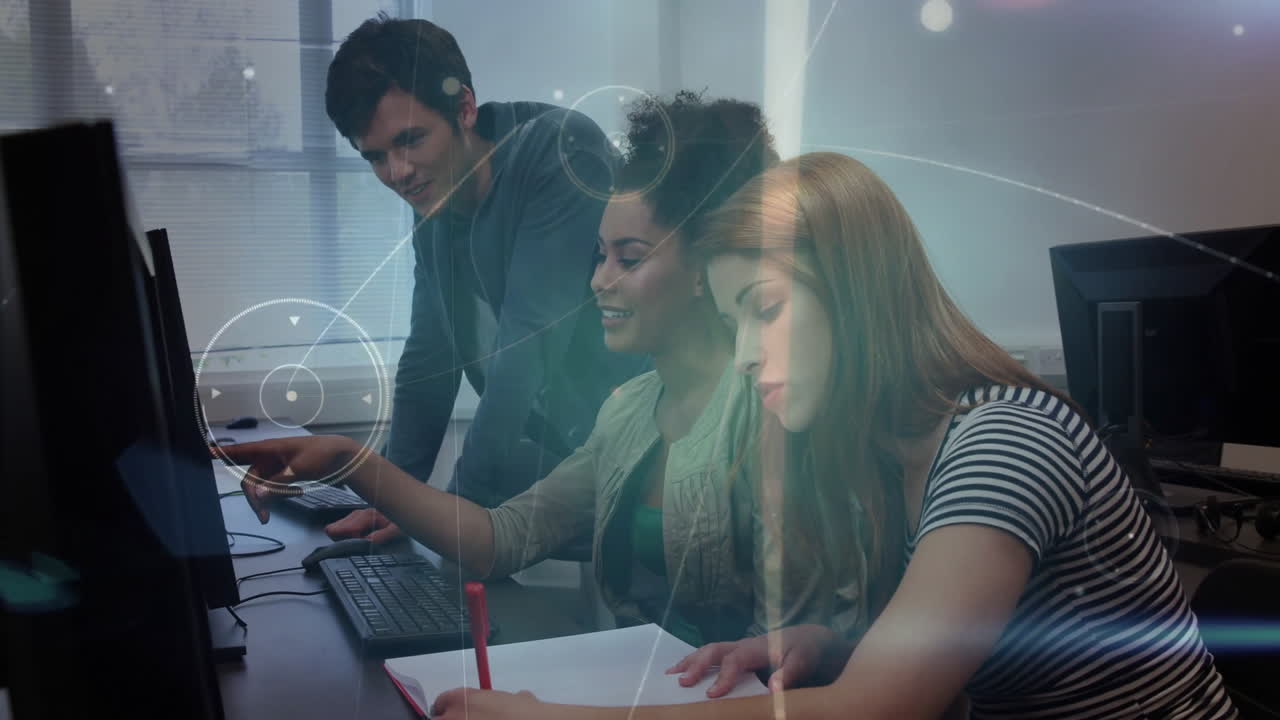 Diverse group collaborating on computer with digital network animation overlay