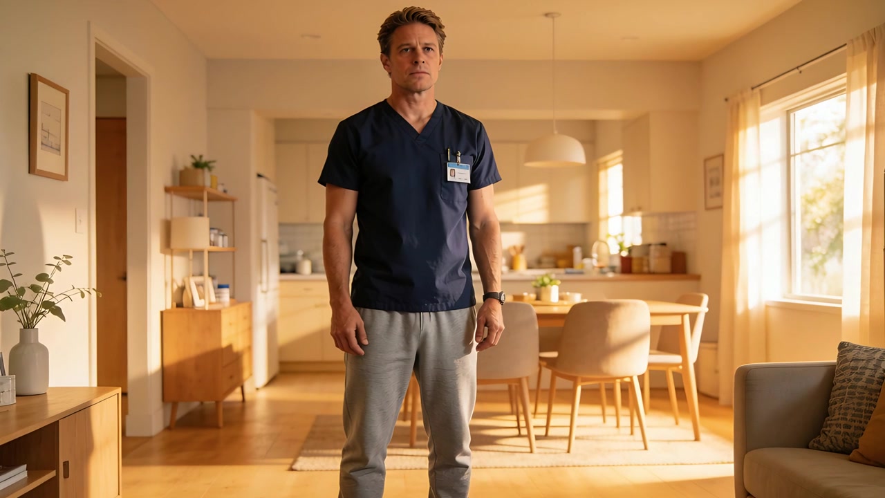 Standing male wearing navy scrubs and light-gray sweatpants in living area, showing badge and pens