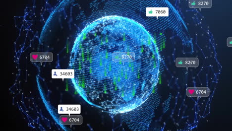 animation of media icons and data over globe