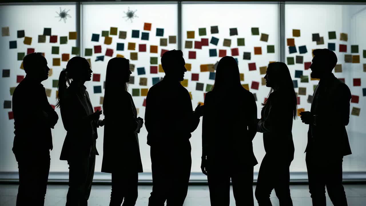 Gesturing lead person holding sticky note reviewing notes with team in blazers by backlit note wall