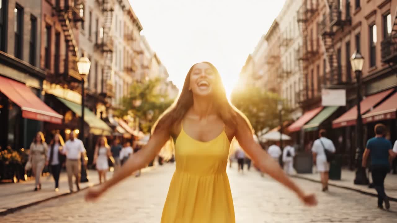 Woman in yellow dress jumping in city street