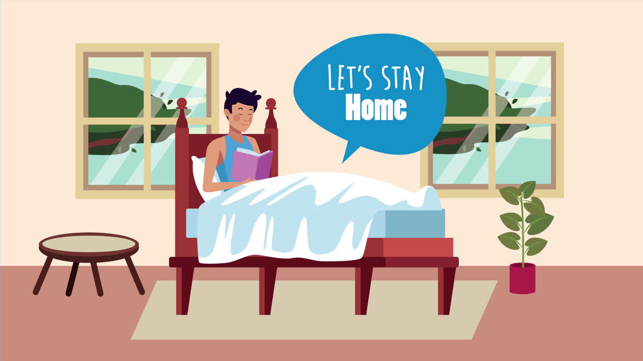 침대에서 읽는 남자와 함께 집에 머물 캠페인