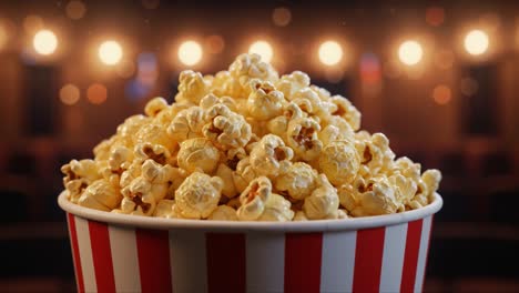 a delicious bowl of buttered popcorn in a classic striped container, perfectly popped and ready for enjoyment in a movie theater setting