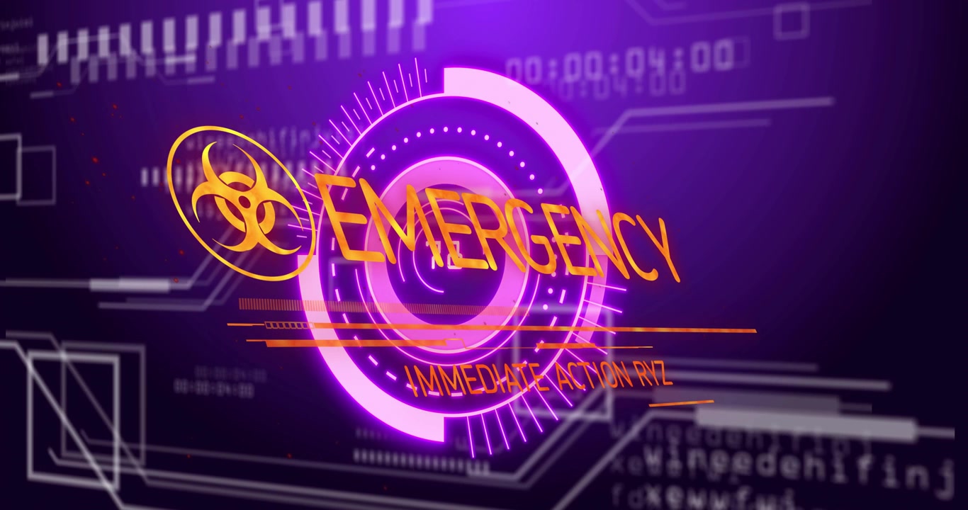 Timer ticking, HUD unfolding, biohazard rotating, letters forming EMERGENCY signaling urgent action