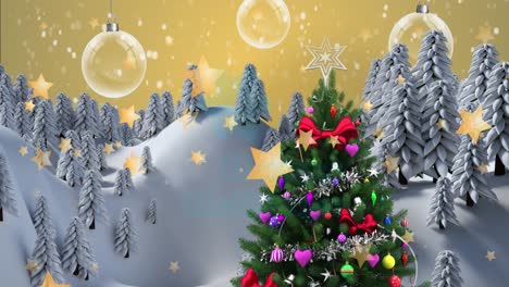 animación de felices vacaciones texto sobre el árbol de navidad y decoraciones