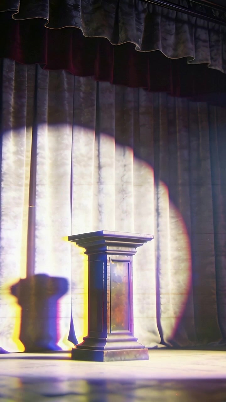 Video verticale: Cambi di luce che spostano il riflettore sul palco per un discorso, con un leggio in legno che proietta un'ombra