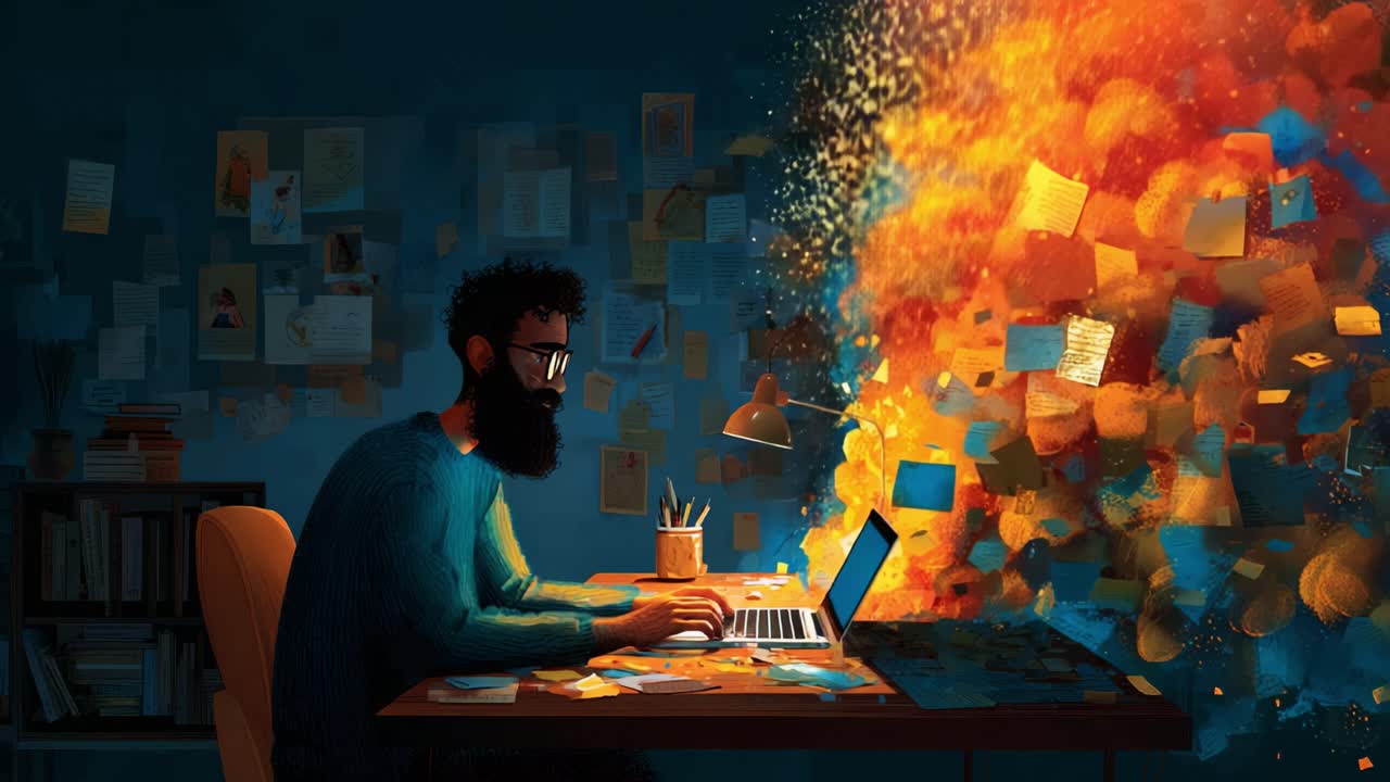 A Creative Mind at Work: An Artist Immersed in Thought as Ideas Explode into Reality from Pages, Illuminated by a Desk Lamp in a Cozy, Organized Workspace