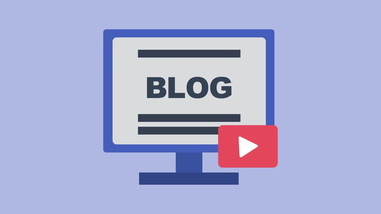 Monitor de Computador Animado Exibindo Conteúdo de Blog e Ícone de Vídeo