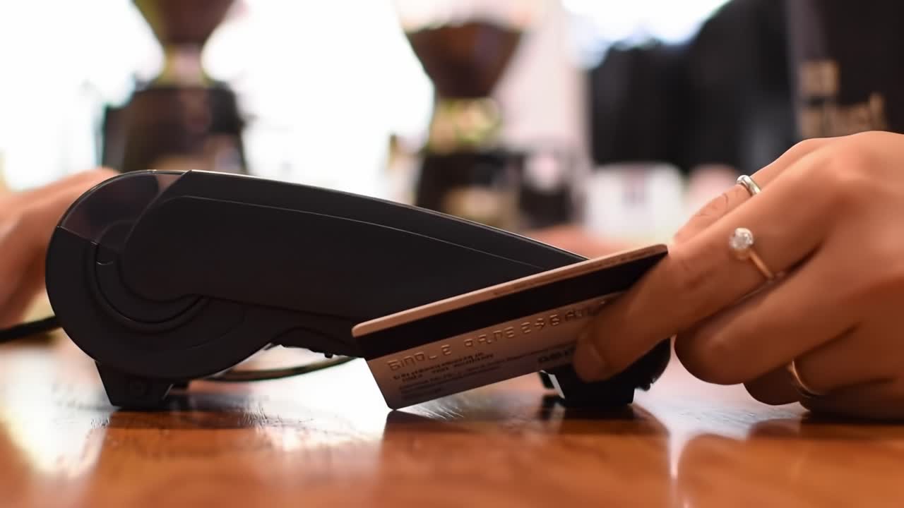 A Close-Up View of a Hand Holding a Credit Card and Using a Payment Terminal at a Cafe, Highlighting the Transaction Process and Customer Engagement