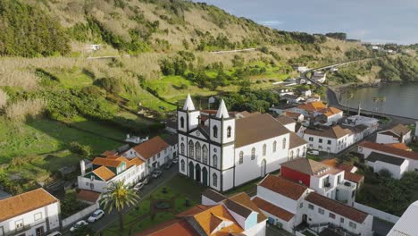 Aerial-view-of-Church-of-Holy-Trinity-at-Lajes,-Pico-island,-Portugal