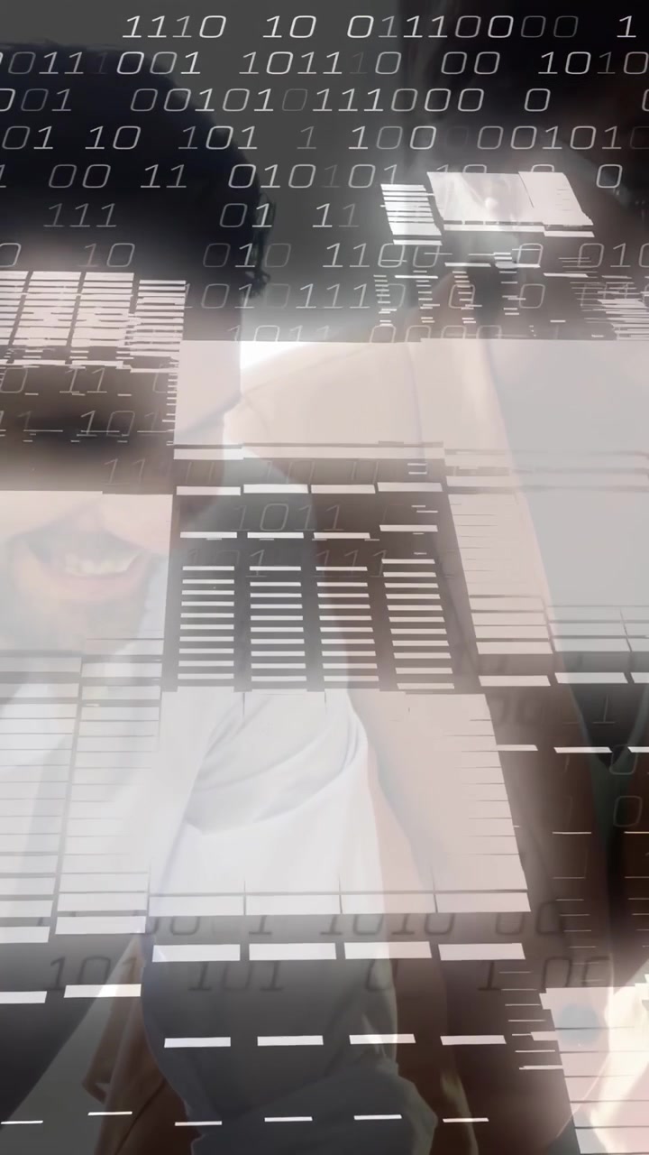 Vertical video: Two men leaning tapping phone, causing binary overlay shift showing blinds for UX