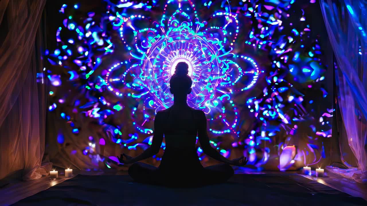 The video features a serene meditation scene with a silhouette against a glowing mandala backdrop