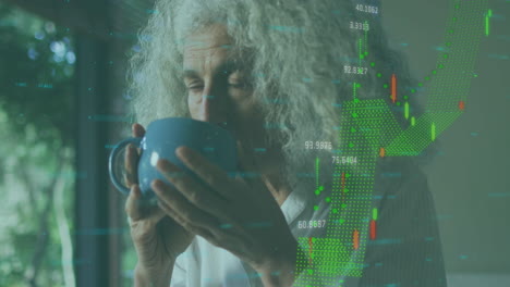 elderly person drinking coffee with financial data processing animation overlay