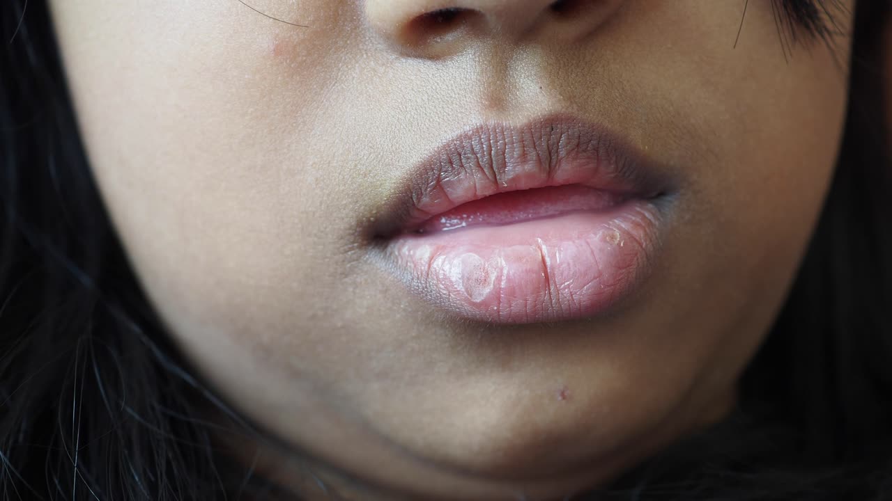 사람 입술의 클로즈업으로 건조함이나 감염 가능성을 보여줍니다.