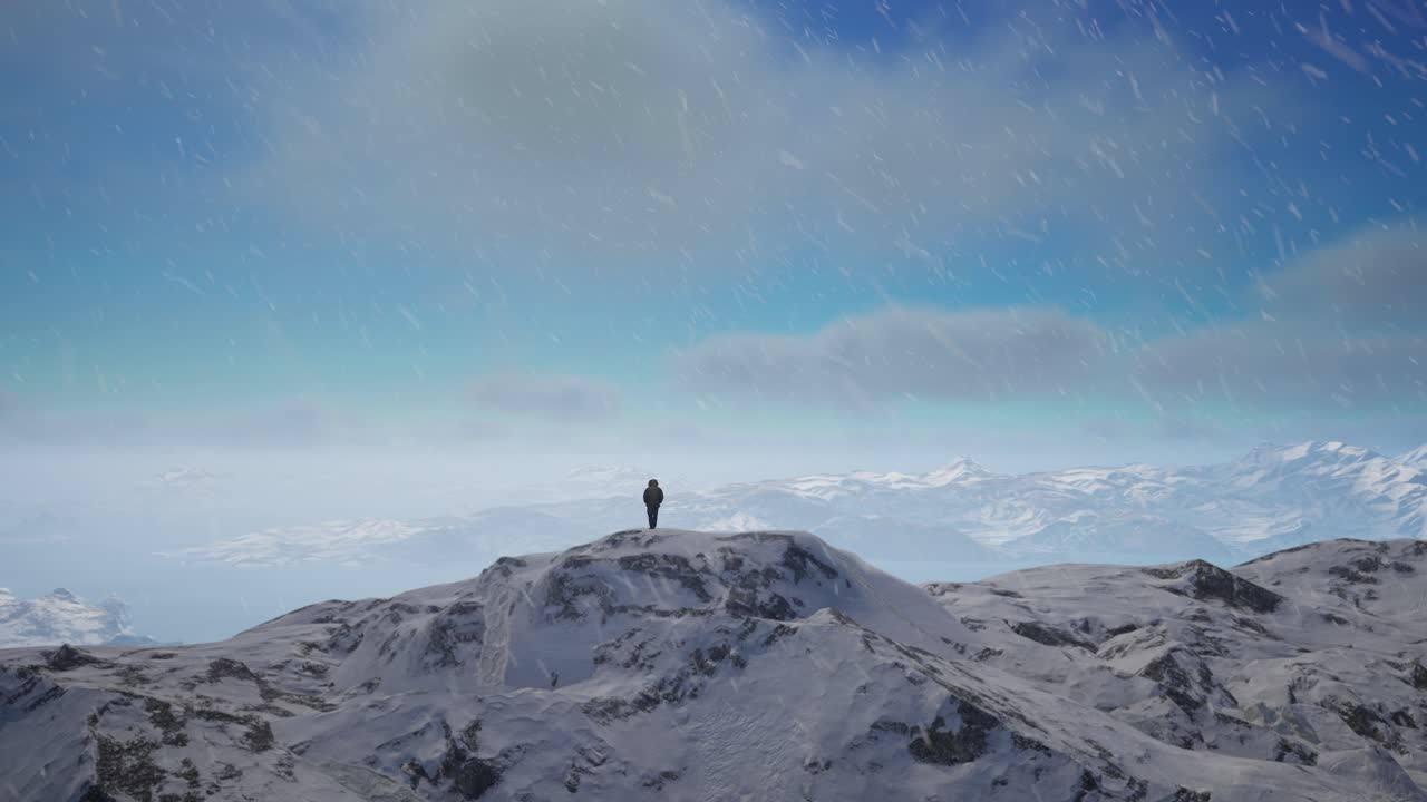 눈 인 산 꼭대기에 서 있는 사람. 추운 눈이 쌓인 풍경, 공중 풍경, 비현실적인 4k 스크린