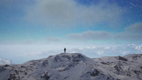 una persona de pie en la cima de una montaña cubierta de nieve. frío paisaje nevado vista aérea, irreal 4k una captura de pantalla