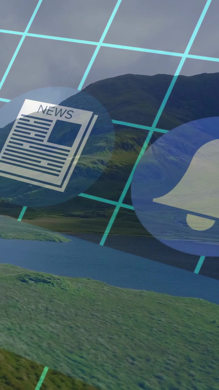 Video verticale: Griglia ciano che si attiva, carosello di icone che scorre in diagonale attraverso il lago, mostrando avvisi di app.