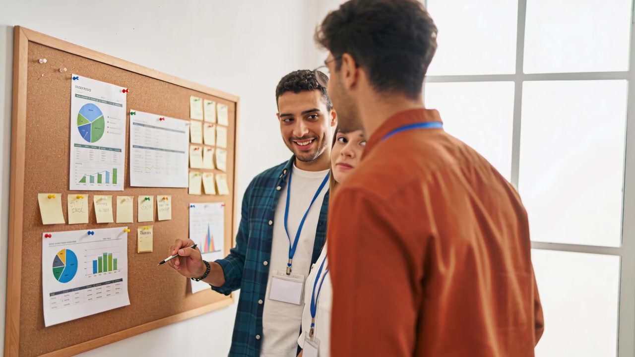 Pointing plaid-shirt man guiding team at work corkboard aligning tasks with charts and sticky notes