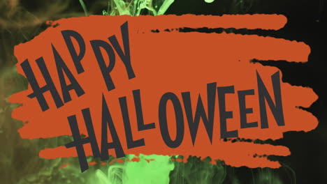 animación de texto feliz de halloween sobre fondo naranja y verde