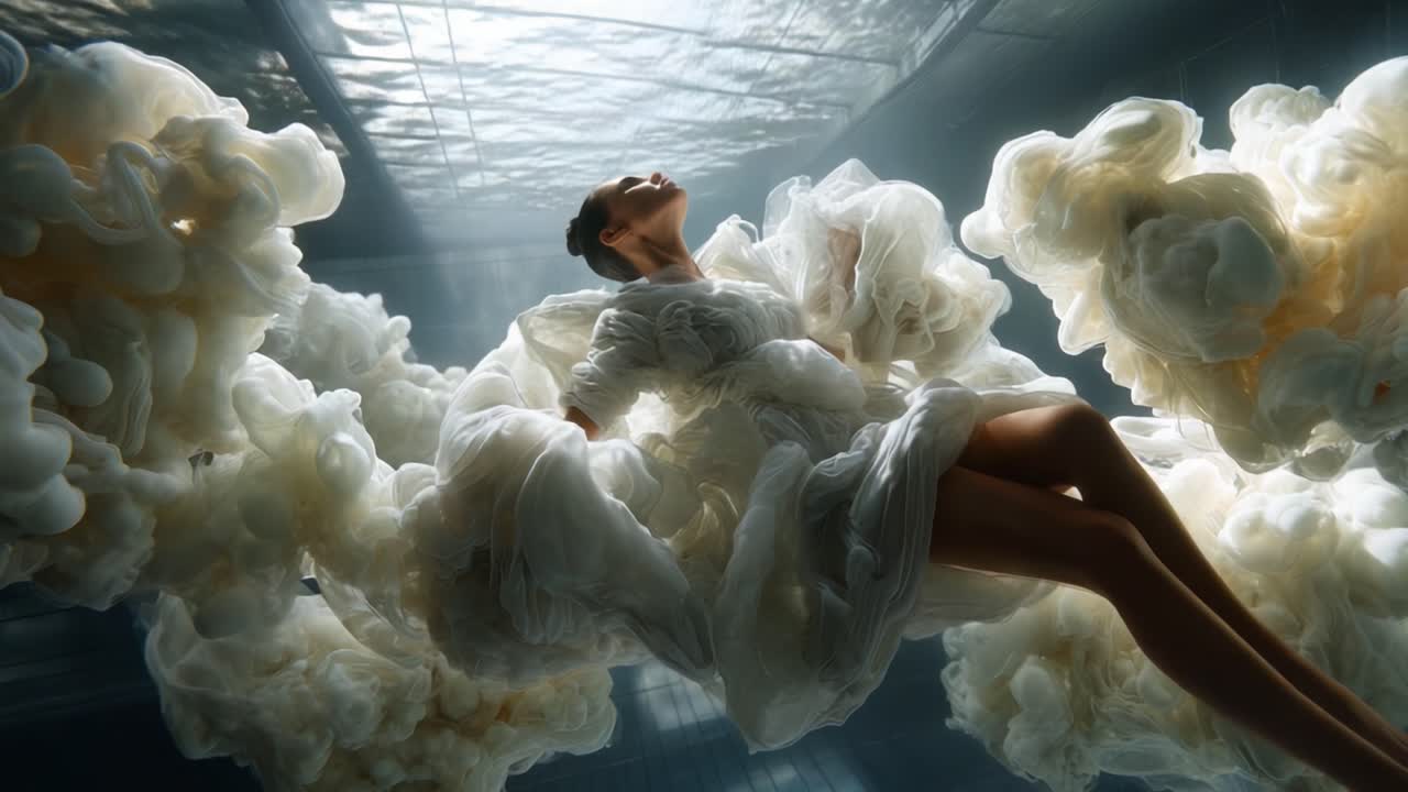 Ethereal Dreams: A Surreal Submersion of Elegance and Grace as a Model in a Flowing White Dress Suspends Amidst Wispy Clouds of Colorful Liquid in a Dreamlike Underwater World