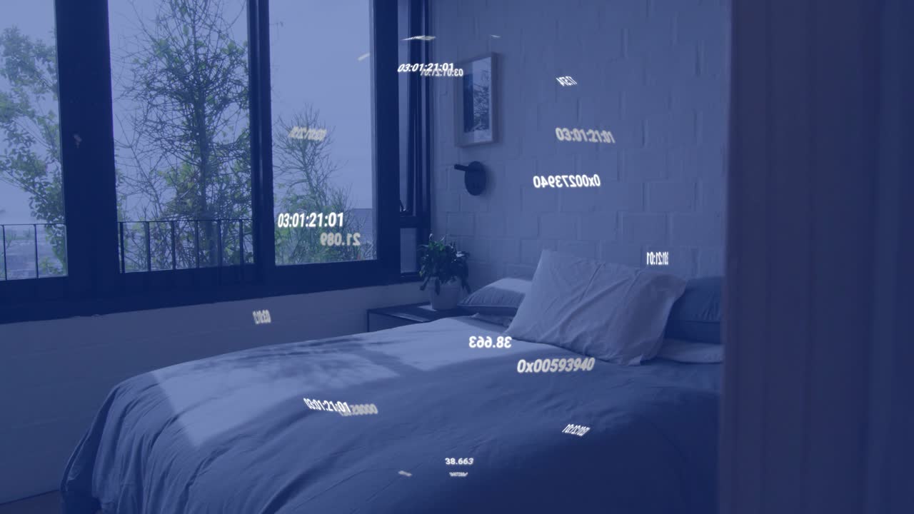 Digital codes forming cloud above bed, drifting across scene, clustering over pillows before fading