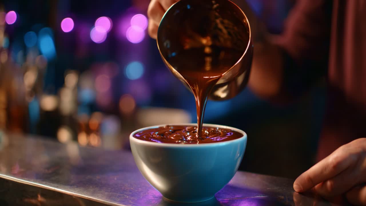 Delicious chocolate sauce being poured into a white bowl, capturing the smooth texture and rich color, set against a softly lit background with vibrant lights