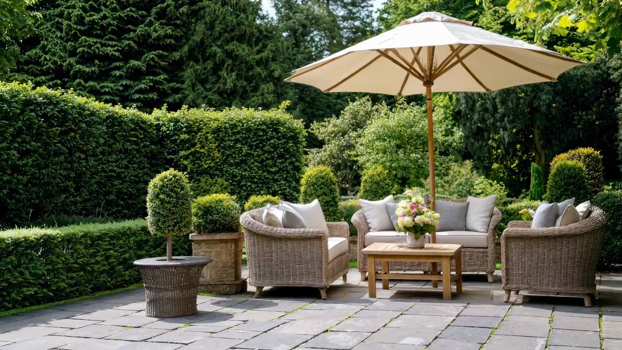 Elegant Outdoor Patio with Wicker Furniture and Umbrella