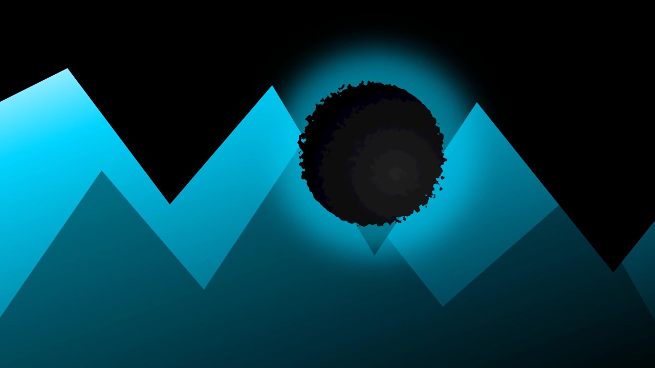 Abstract Animation of a Dark Sphere Floating Above Blue Geometric Mountains