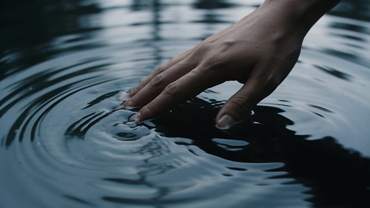 Touching bare hand pressing fingertips into dark pond, creating ripples with reflections