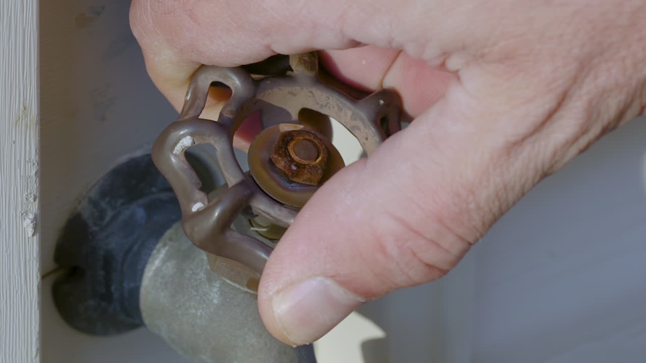 adulto blanco, macho, mano izquierda girando el mango del grifo de agua dulce para encender el agua que fluye