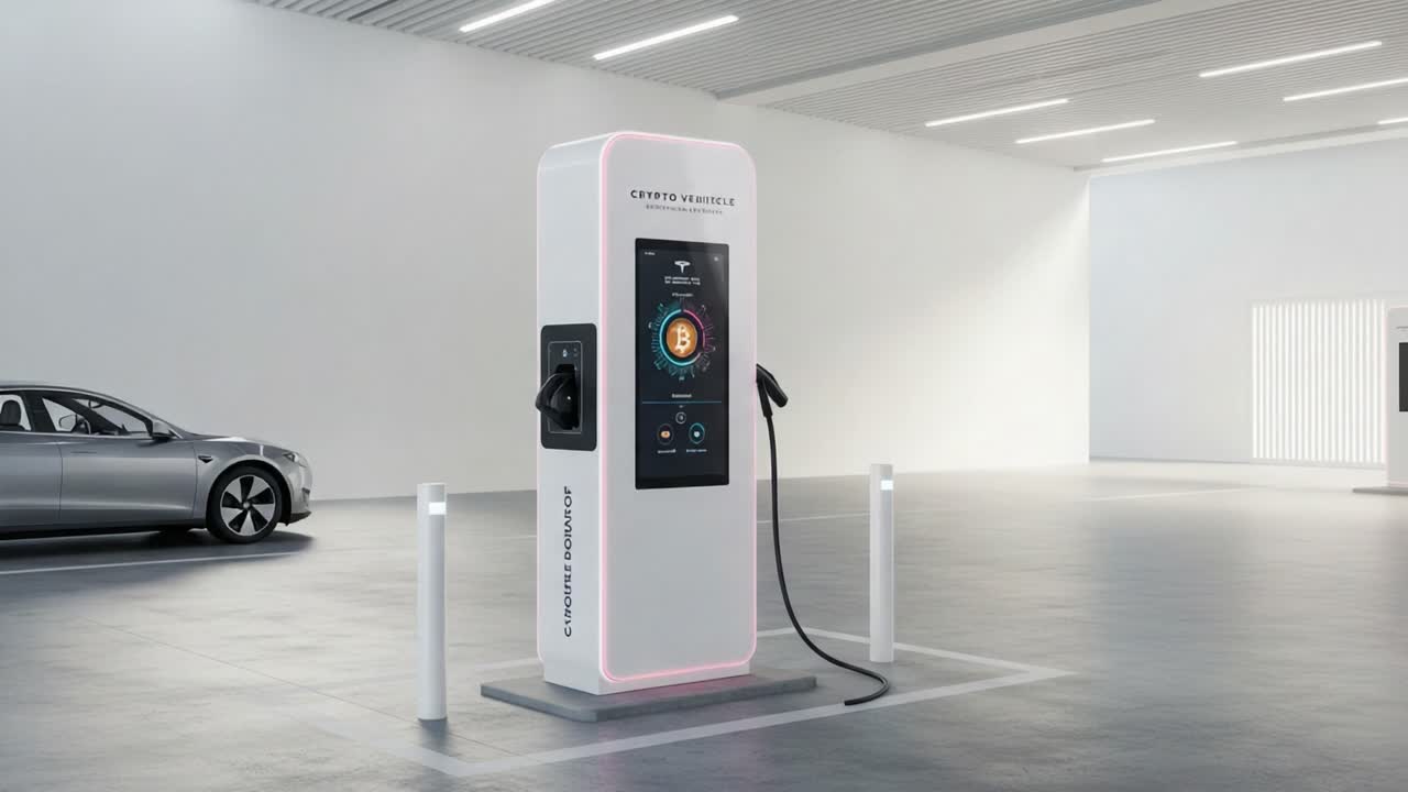 Futuristic Electric Vehicle Charging Station: A Modern Design for Eco-friendly Transportation Solutions with Digital Interface and Sleek Aesthetic in a Minimalist Setting