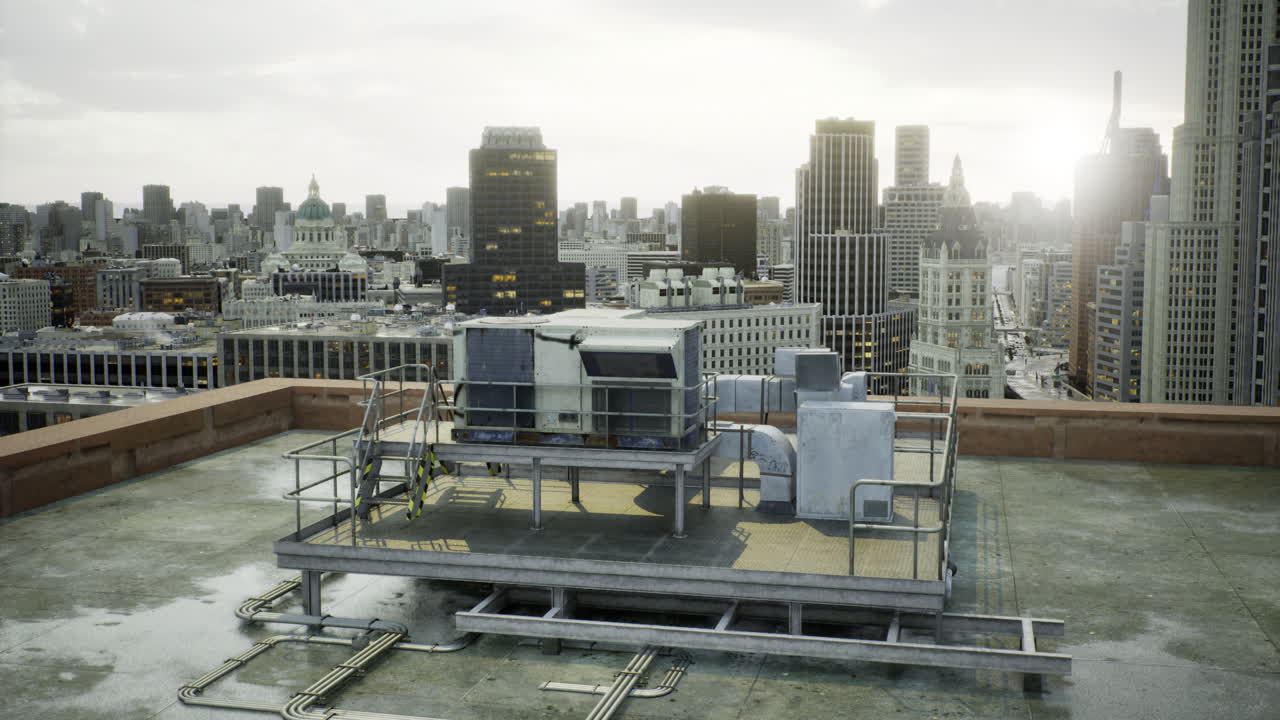 View from rooftop hvac unit overlooking urban city skyline at sunset