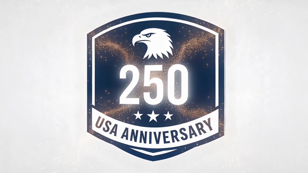 Aquila con scudo blu marino che appare e risplende dietro il numero 250 su uno sfondo grigio, con una marcatura scintillante e fiammeggiante "USA-ANNIV".