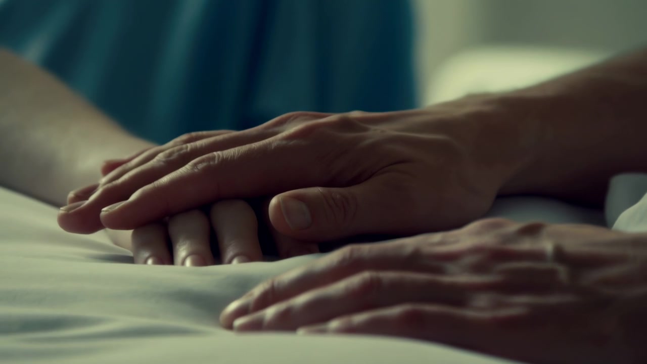 Hospital Bedside Hands Comforting Patient, Gentle Hand Covers Other Hand On White Sheet, Soft Natural Light,