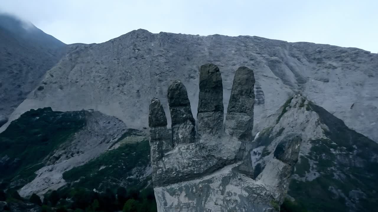 Weathered concrete hand sculpture points towards a majestic mountain peak, blending art with the beauty of nature