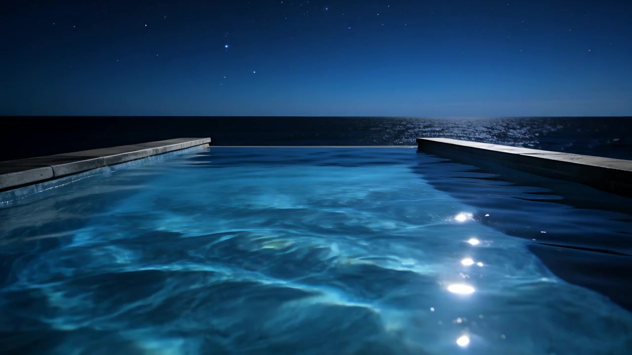 Sanfte Brise bewegt das Wasser in einem Infinity-Pool, kaustische Muster verschieben sich, Mondlicht funkelt.