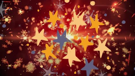 Animation-of-illuminated-light-beam-and-moving-snowflakes-and-star-shapes-on-abstract-background