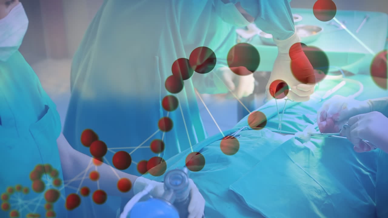 수술 중 백인 여성 및 남성 외과의사의 손 위에 회전하는 dna의 애니메이션