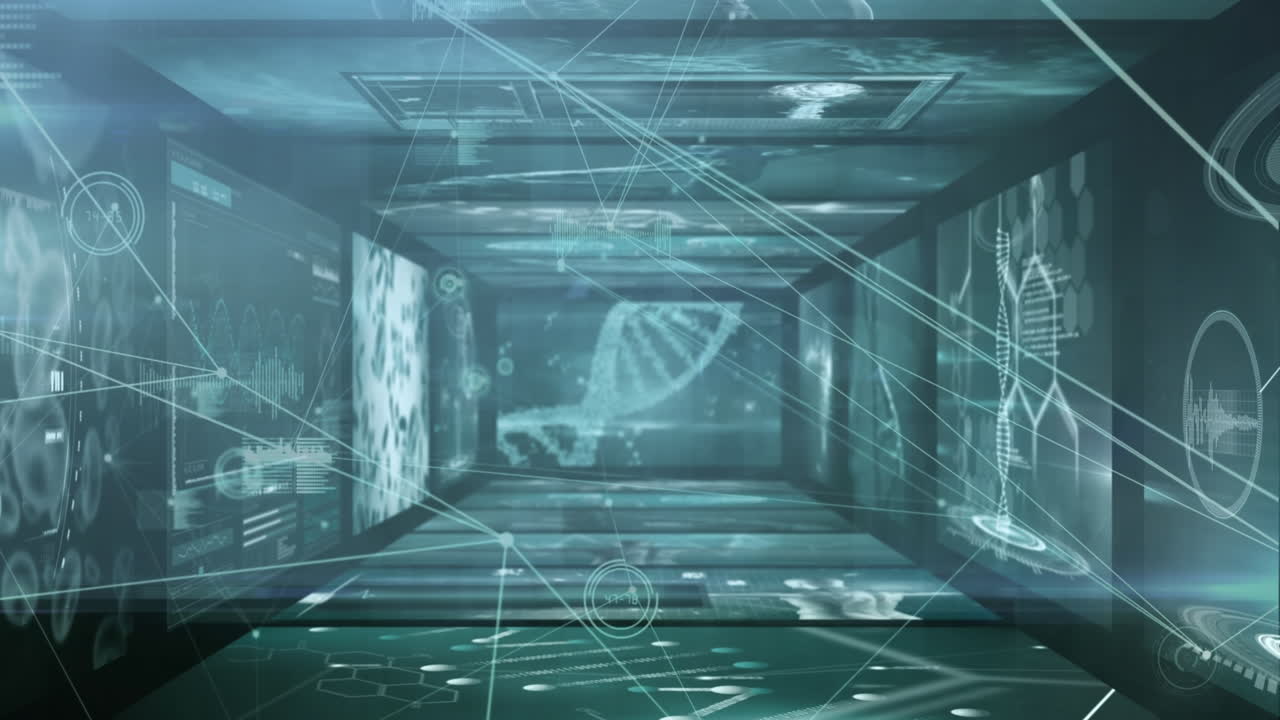 animación de la red de conexiones y punto de luz contra pantallas con procesamiento de datos médicos.