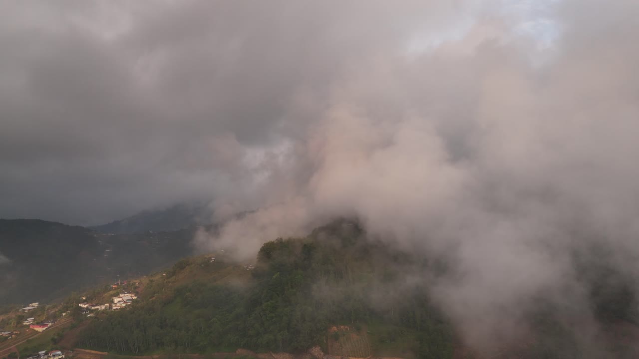 Pemandangan udara hutan dan kabut.