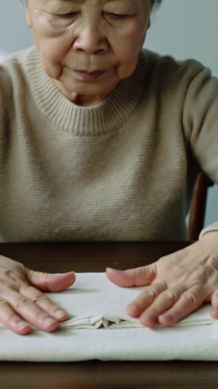 Video verticale: Una donna anziana asiatica, con una maglia beige, piega un asciugamano piatto su un tavolo di casa, creando una piega.