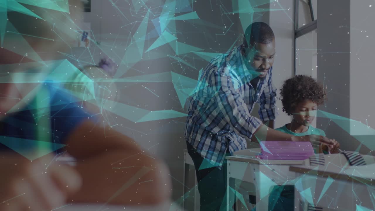 animación de redes sobre feliz afroamericano maestro masculino y escolar hablando en clase