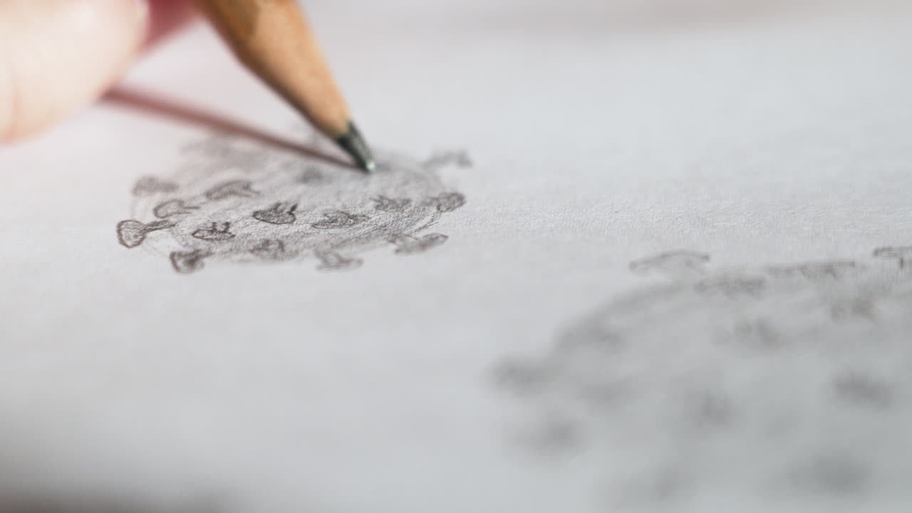 карандашный рисунок от руки структуры молекулы белка коронавируса ковид-19, крупный план