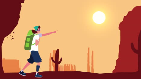 young adventurous man walking in desert animation