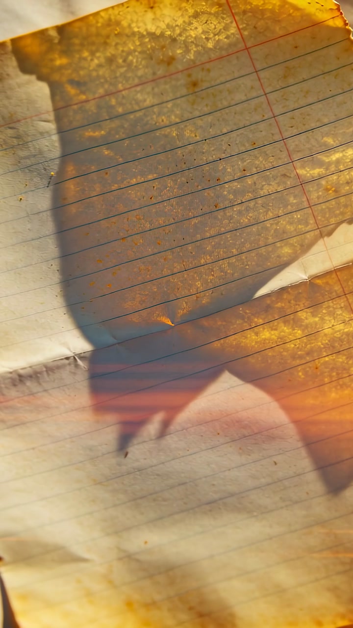 Vertical video: Entering hand casting shadow over lined sheet on desk, revealing torn edge