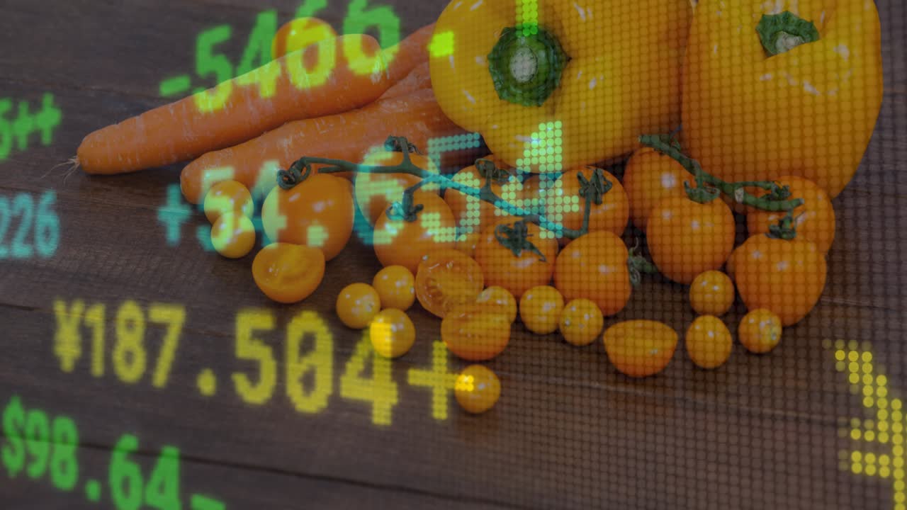 Pixelated ticker starting to scroll across orange produce, displaying price shifts and symbols