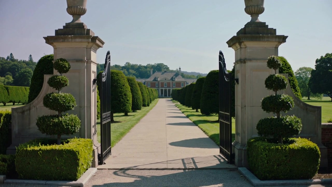 Opening stone gate ensemble revealing paved pathway at formal estate, with iron gates and urns