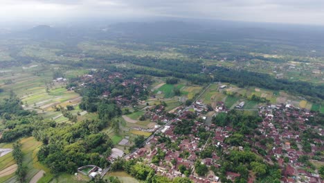 indonesia town rooftops near rice fields, aerial drone view