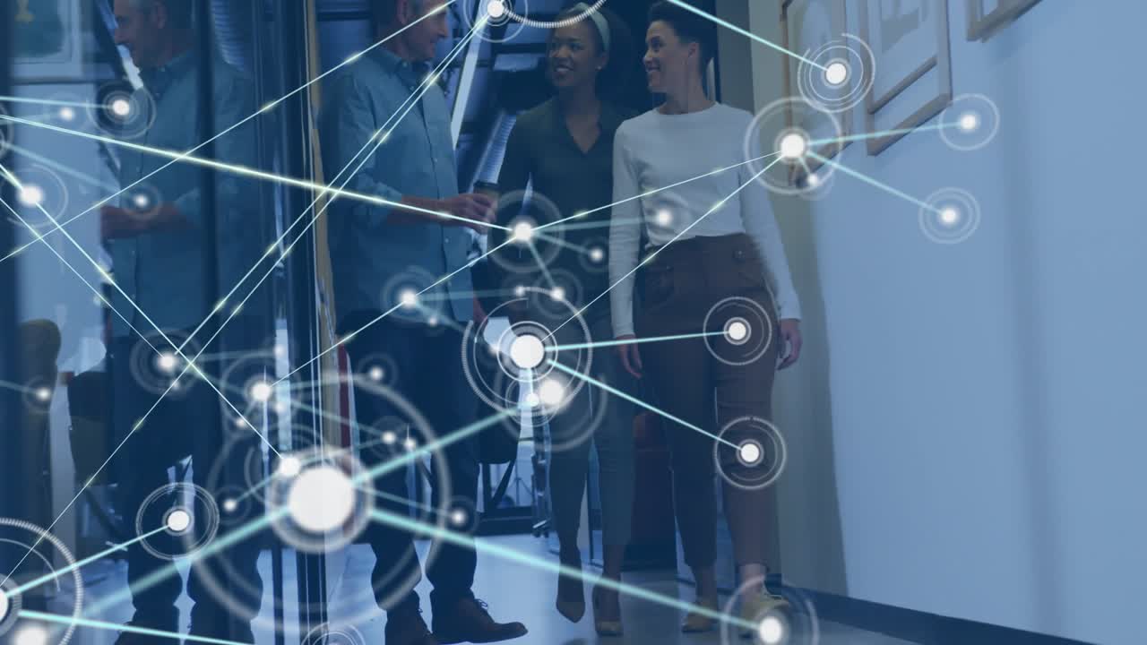 Colleagues stepping doors and walking as network nodes spreading around phone showing connectivity