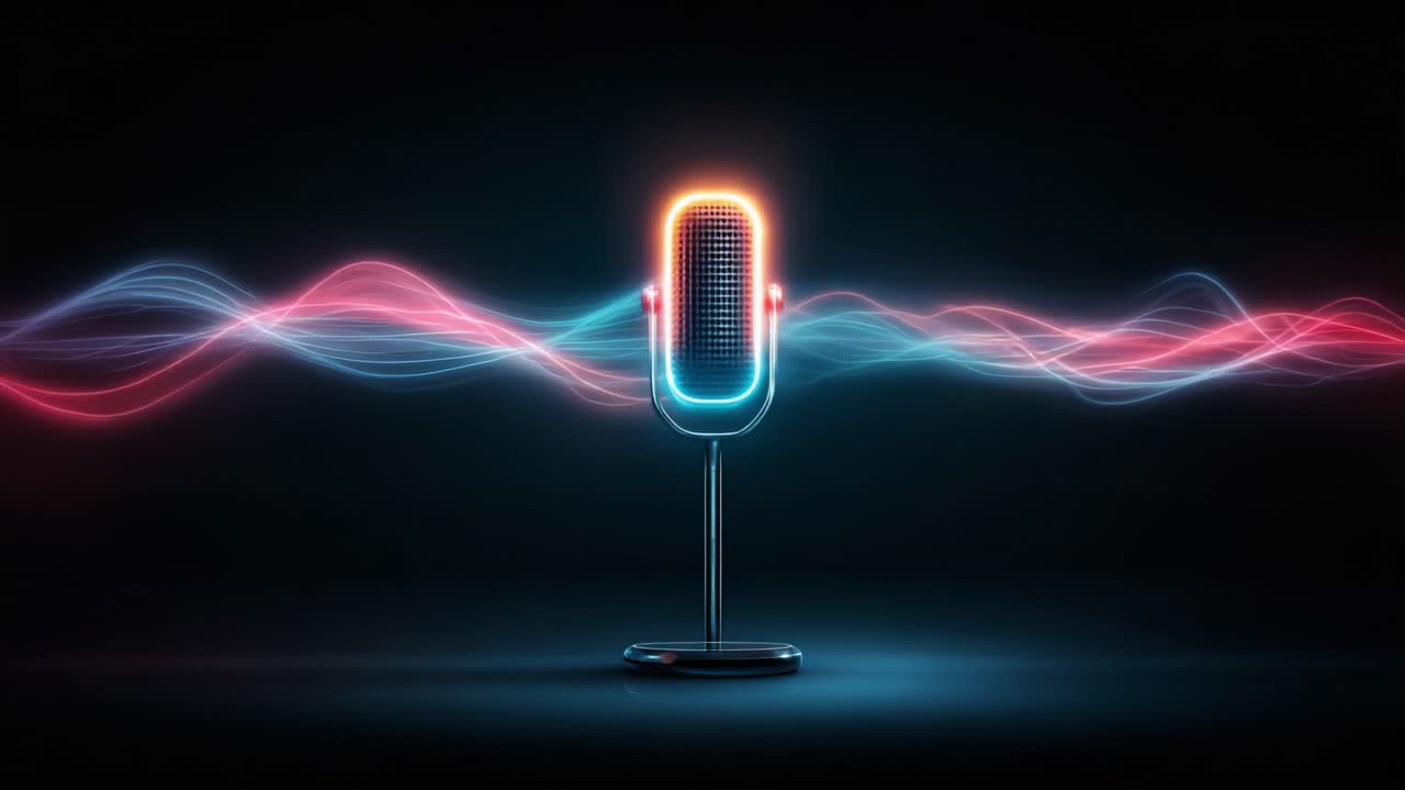 Oplyst mikrofon med dynamiske lydbølger: En imponerende visuel repræsentation af lydteknologi og kreativitet i den digitale tidsalder.